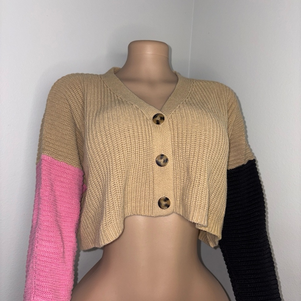 Forever 21 Tan, Pink, and Black Button-Up Cardigan